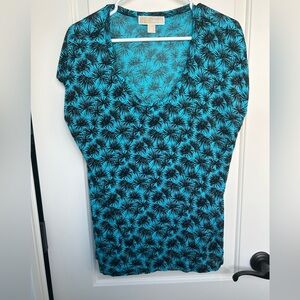 Michael Kors Teal and Black Tropical Floral Blouse
